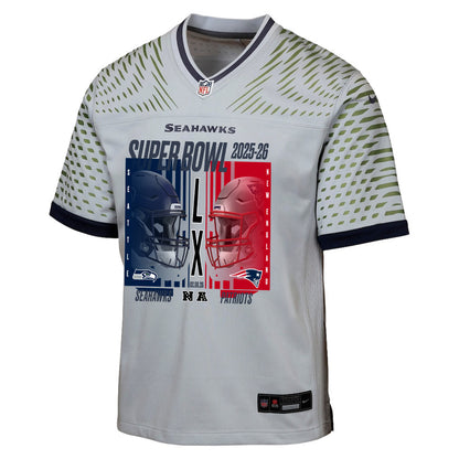 Seattle Seahawks Super Bowl LX Champions Confronting The Opponent Custom Rivalries Collection Game YOUTH Jersey - Gray