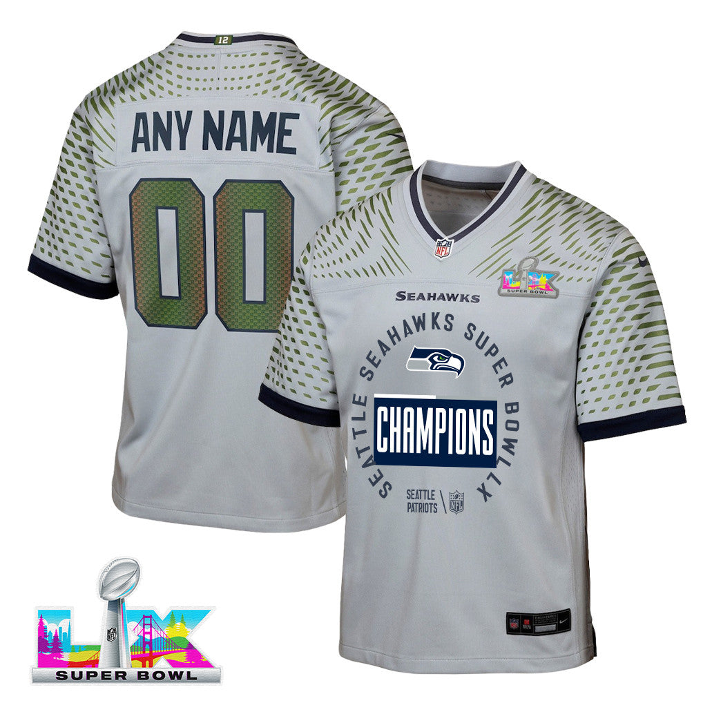 Seattle Seahawks Super Bowl LX Champions Personalized Rivalries Collection Game YOUTH Jersey - Gray
