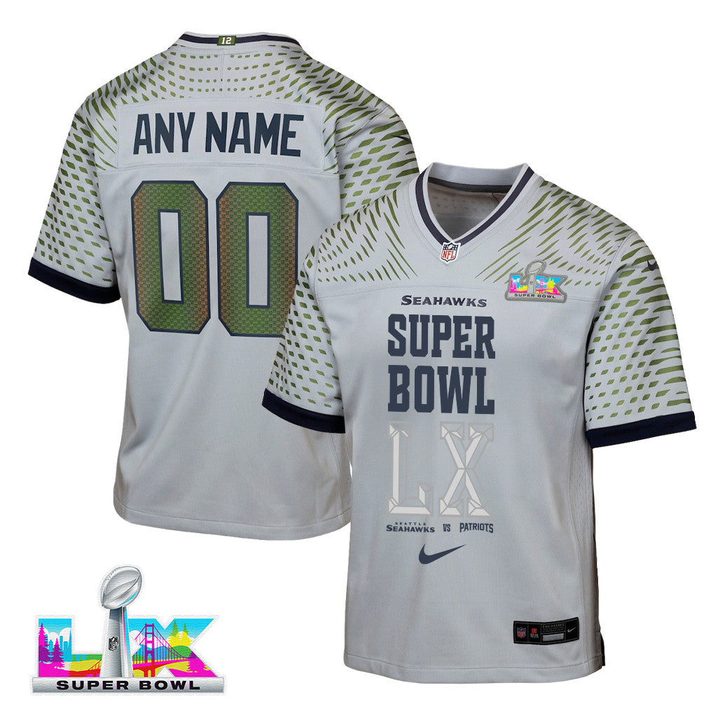 Seattle Seahawks Champions Super Bowl LX Personalized Rivalries Collection Game YOUTH Jersey - Gray Edition