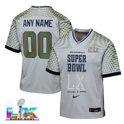 Seattle Seahawks Champions Super Bowl LX Personalized Rivalries Collection Game YOUTH Jersey - Gray Edition