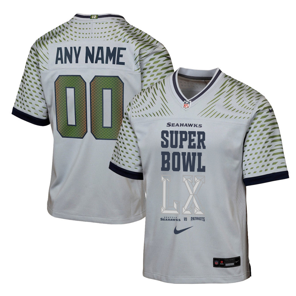 Seattle Seahawks Champions Super Bowl LX Personalized Rivalries Collection Game YOUTH Jersey - Gray Edition