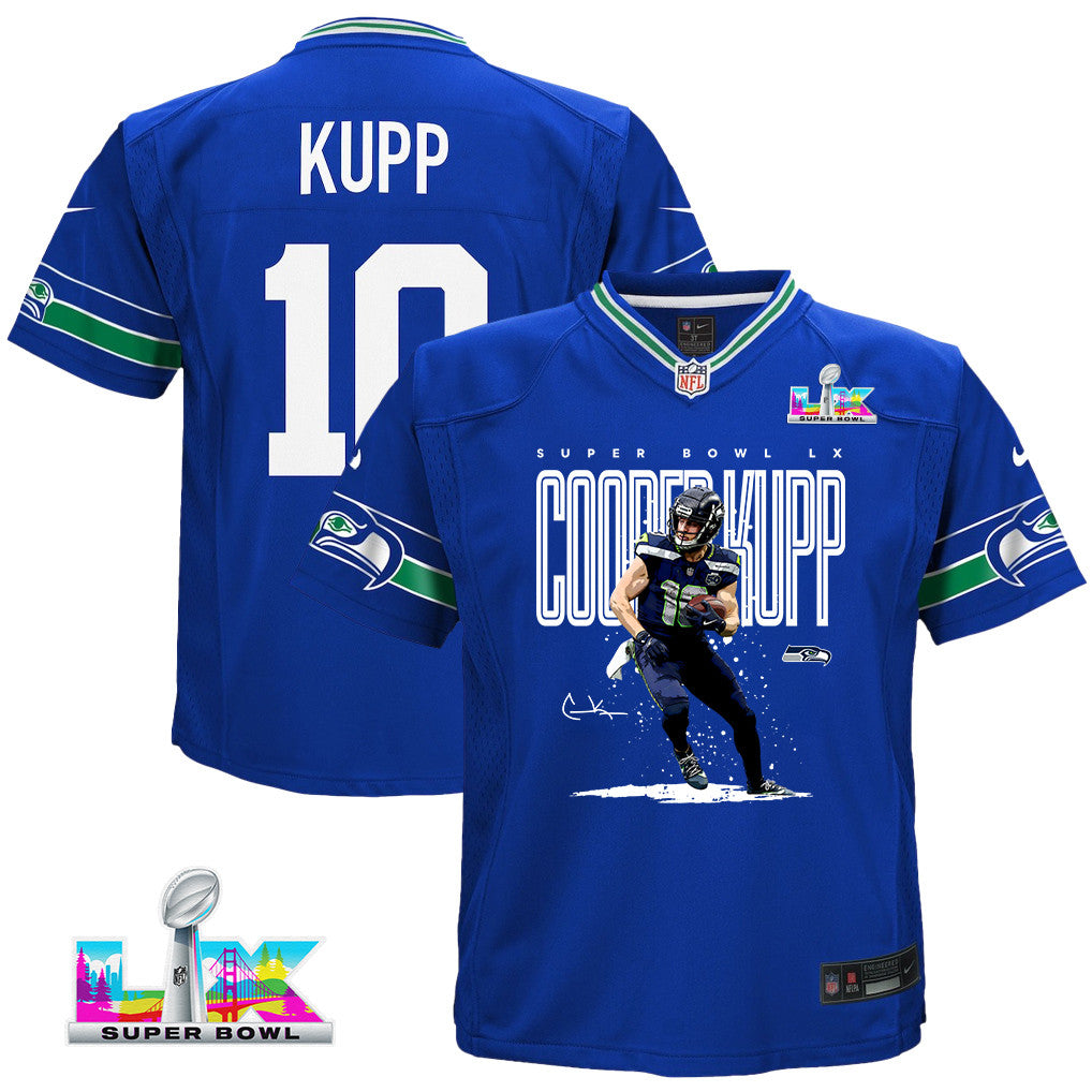 Cooper Kupp 10 Seattle Seahawks Super Bowl LX Fan-Favorite Icon YOUTH Game Jersey– Royal Blue