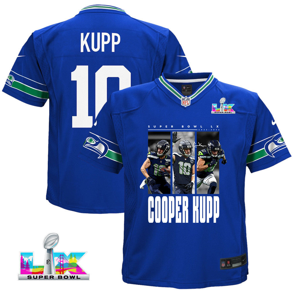 Cooper Kupp 10 Seattle Seahawks Super Bowl LX Championship-Ready YOUTH Game Jersey– Royal Blue