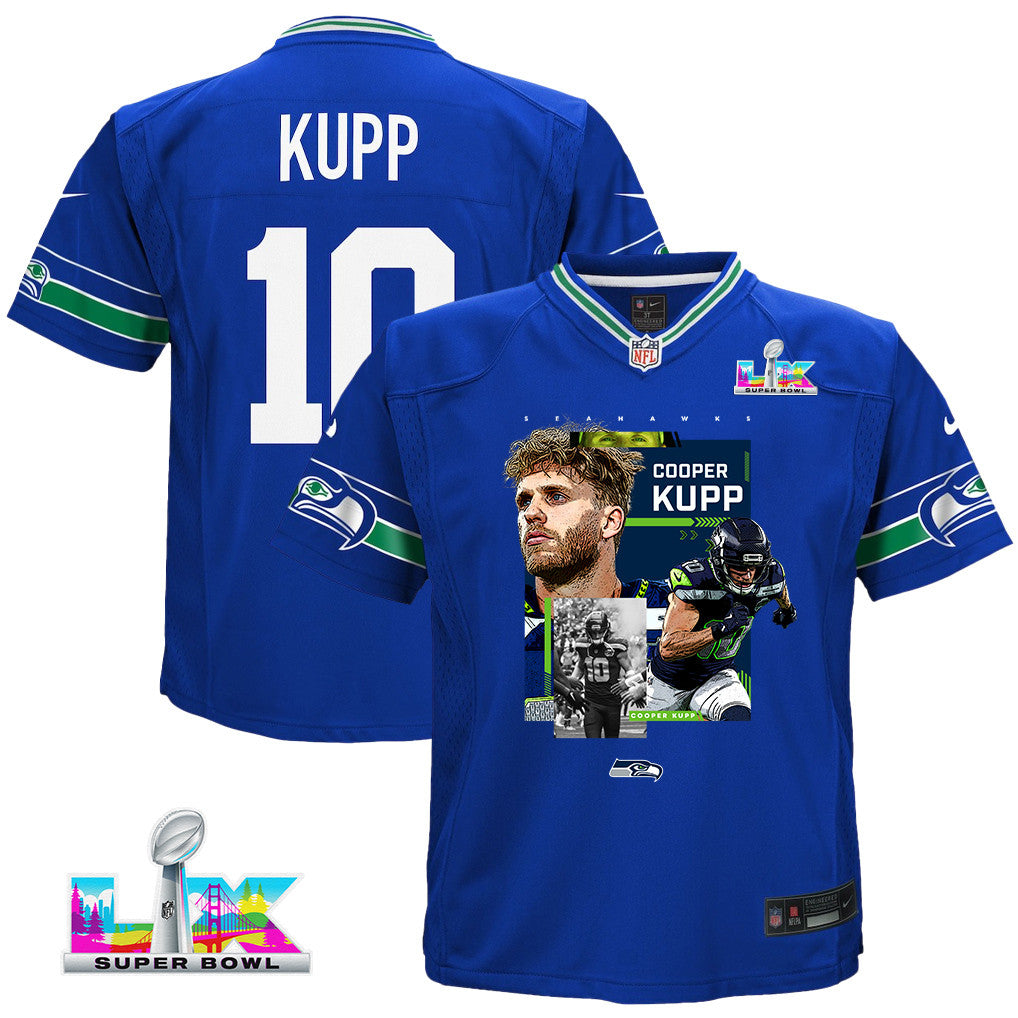 Cooper Kupp 10 Seattle Seahawks Super Bowl LX Dominant Playmaker YOUTH Game Jersey – Royal Blue