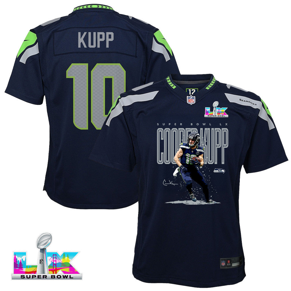 Cooper Kupp 10 Seattle Seahawks Super Bowl LX Fan-Favorite Icon YOUTH Game Jersey– Navy