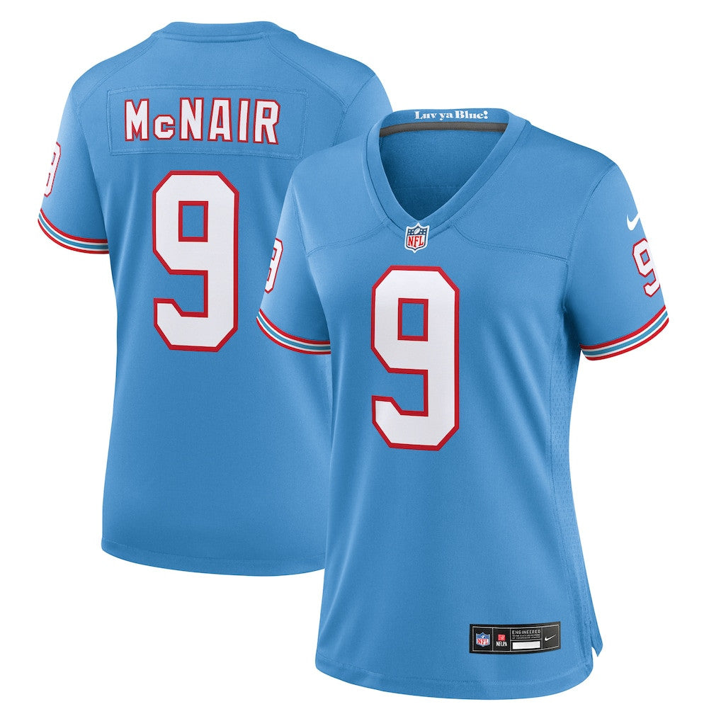 Steve McNair 9 Tennessee Titans Women's Oilers Throwback Game Jersey - Light Blue