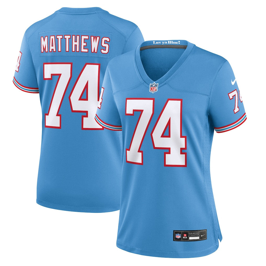 Bruce Matthews 74 Tennessee Titans Women's Oilers Throwback Game Jersey - Light Blue
