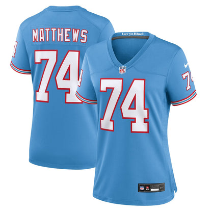 Bruce Matthews 74 Tennessee Titans Women's Oilers Throwback Game Jersey - Light Blue
