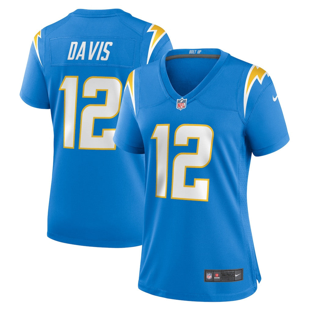 Derius Davis 12 Los Angeles Chargers Women's Team Game Jersey - Powder Blue