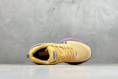 HOKA Bondi 8 Yellow Purple Gradient Blue Logo Running Shoes