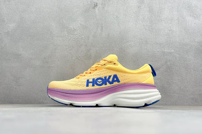HOKA Bondi 8 Yellow Purple Gradient Blue Logo Running Shoes
