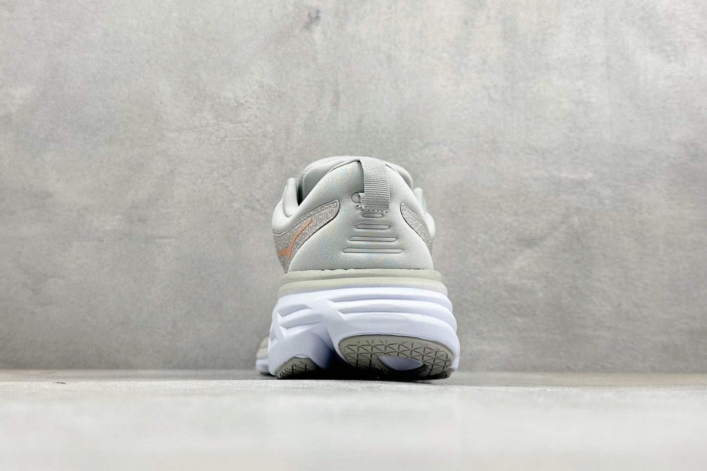 HOKA Bondi 8 Light Gray Rose Gold Logo Running Sneaker