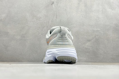 HOKA Bondi 8 Light Gray Rose Gold Logo Running Sneaker