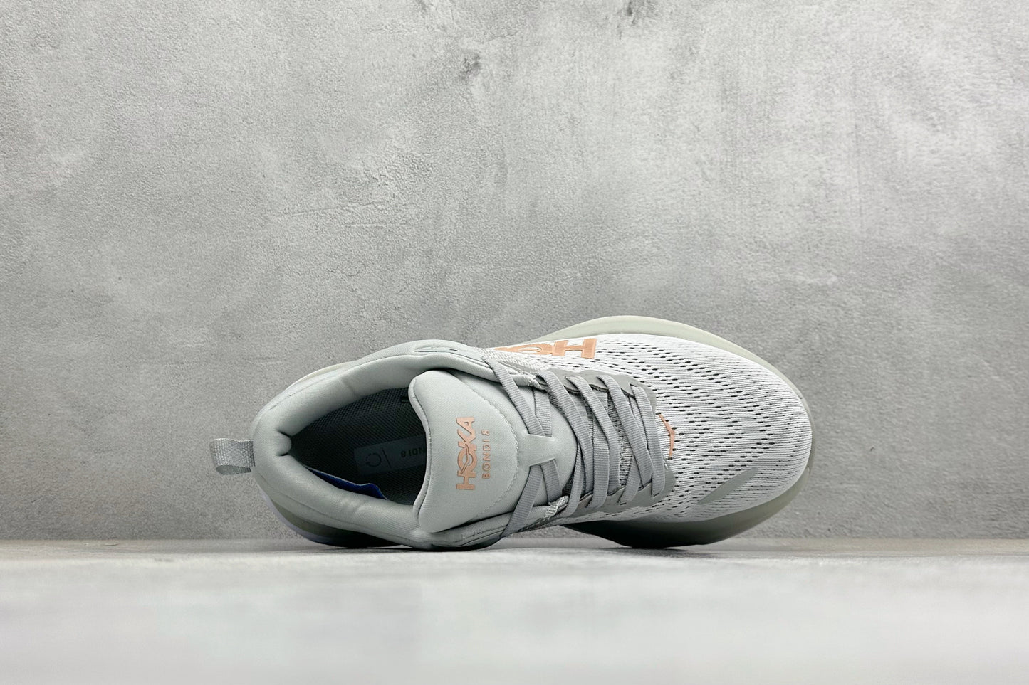 HOKA Bondi 8 Light Gray Rose Gold Logo Running Sneaker