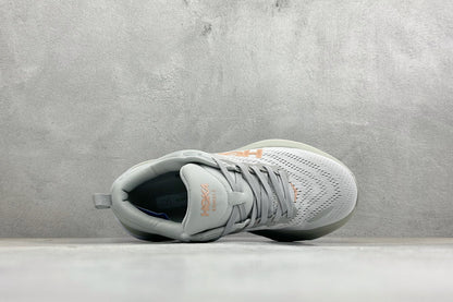 HOKA Bondi 8 Light Gray Rose Gold Logo Running Sneaker