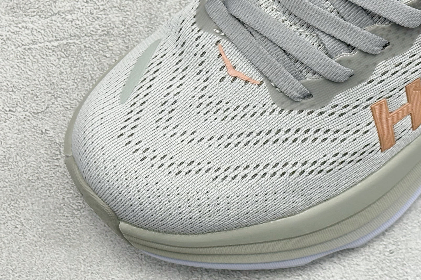 HOKA Bondi 8 Light Gray Rose Gold Logo Running Sneaker