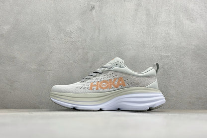 HOKA Bondi 8 Light Gray Rose Gold Logo Running Sneaker