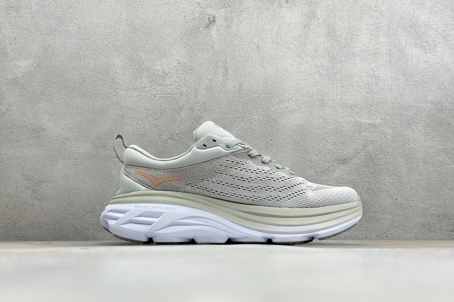 HOKA Bondi 8 Light Gray Rose Gold Logo Running Sneaker