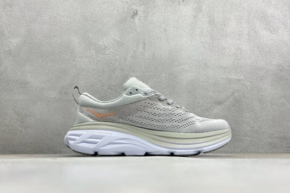 HOKA Bondi 8 Light Gray Rose Gold Logo Running Sneaker
