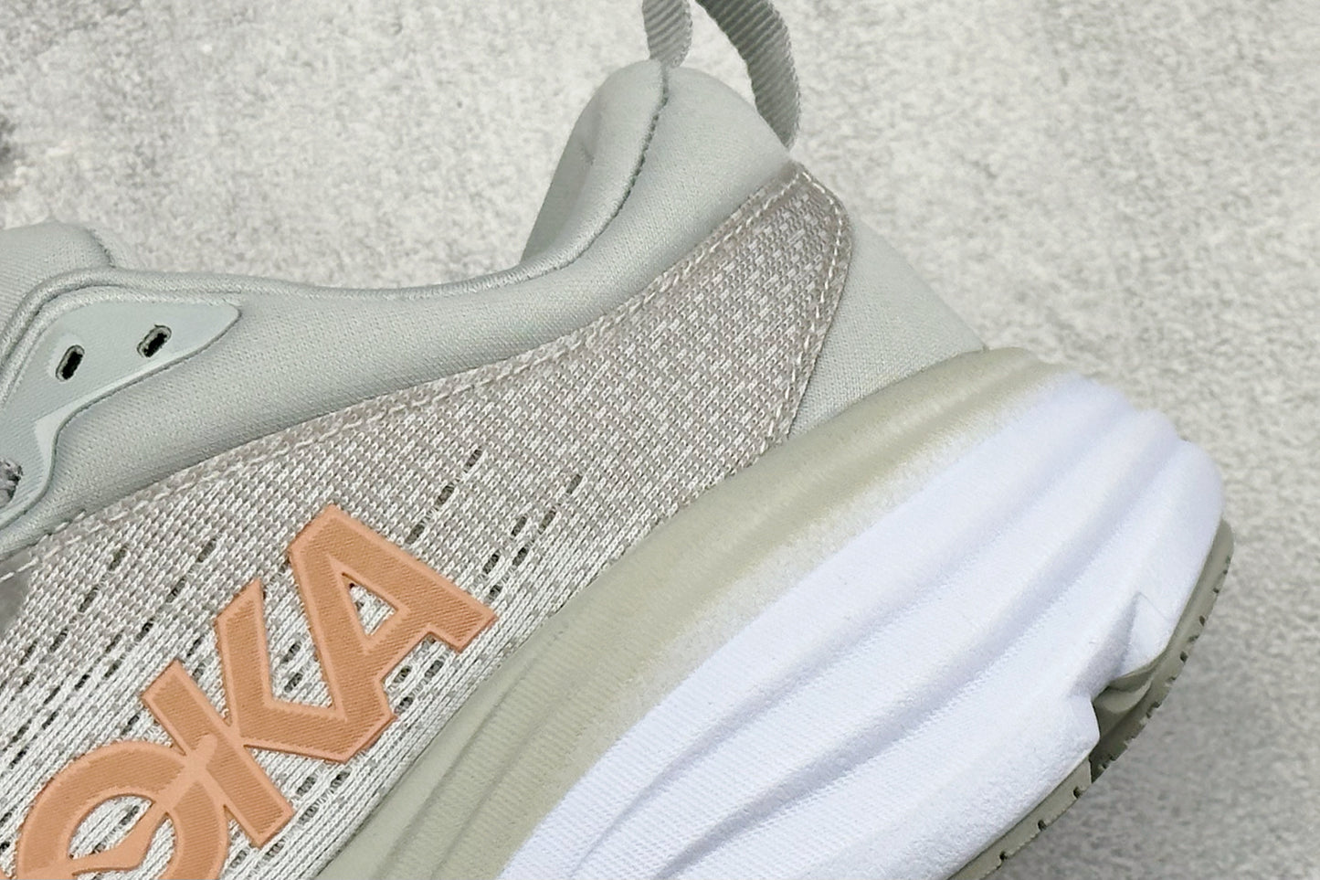 HOKA Bondi 8 Light Gray Rose Gold Logo Running Sneaker