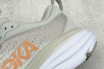 HOKA Bondi 8 Light Gray Rose Gold Logo Running Sneaker