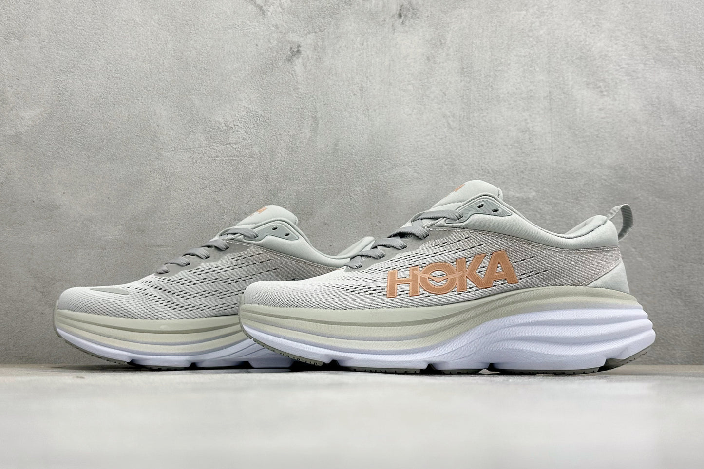HOKA Bondi 8 Light Gray Rose Gold Logo Running Sneaker