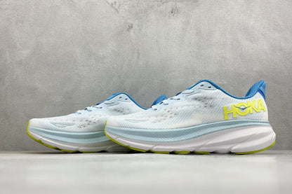 HOKA Clifton 9 White & Light Blue Colorblock Daily Running Trainers