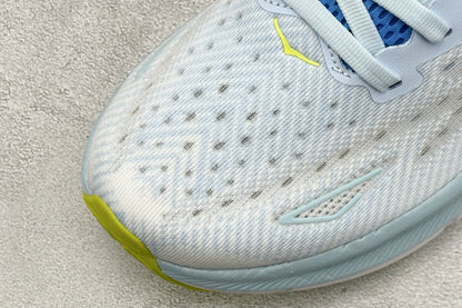 HOKA Clifton 9 White & Light Blue Colorblock Daily Running Trainers