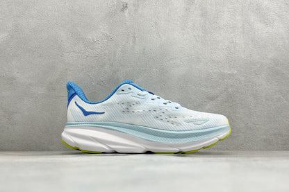 HOKA Clifton 9 White & Light Blue Colorblock Daily Running Trainers