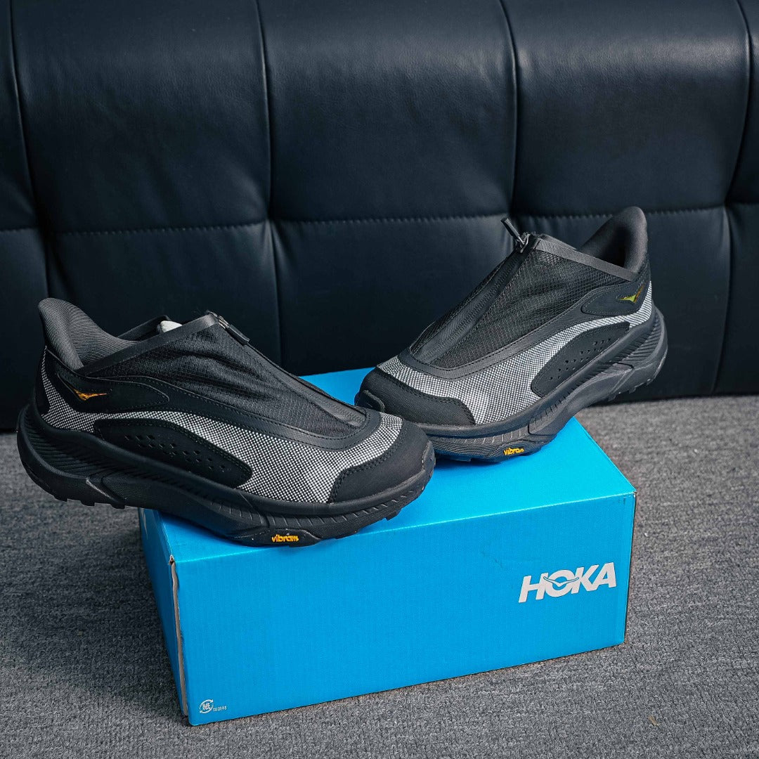HOKA "Triple Black" Zip-Up Trail Sneakers