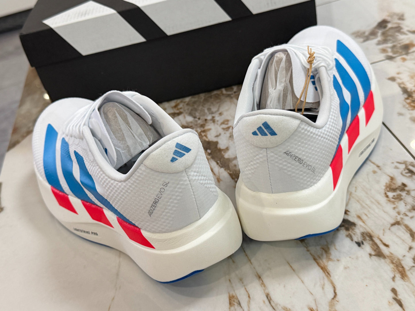 Adidas Adizero Evo SL Running Shoes (White/Blue/Red)