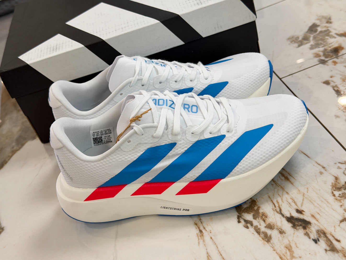 Adidas Adizero Evo SL Running Shoes (White/Blue/Red)