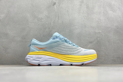 HOKA Bondi 8 Sky Blue Yellow Orange Logo Running Sneaker