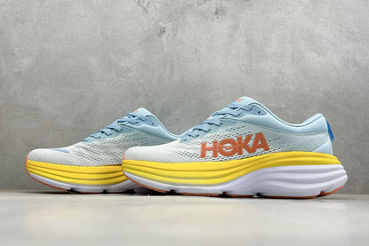 HOKA Bondi 8 Sky Blue Yellow Orange Logo Running Sneaker