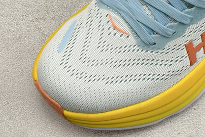HOKA Bondi 8 Sky Blue Yellow Orange Logo Running Sneaker