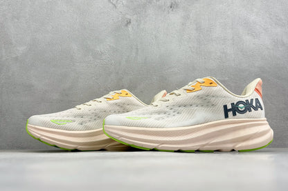 HOKA Clifton 9 Off White & Pale Peach Daily Running Trainers
