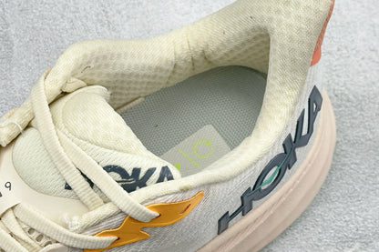 HOKA Clifton 9 Off White & Pale Peach Daily Running Trainers