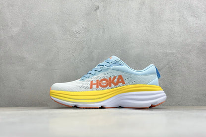 HOKA Bondi 8 Sky Blue Yellow Orange Logo Running Sneaker