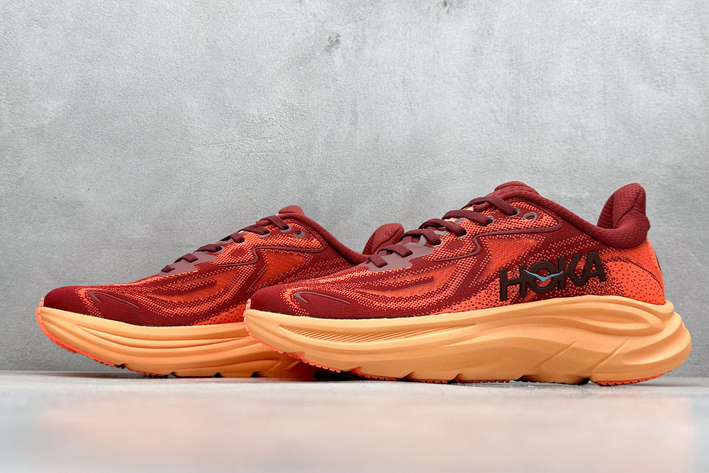 HOKA Clifton 10 Wine Red/Orange Cushioned Athletic Running Trainers
