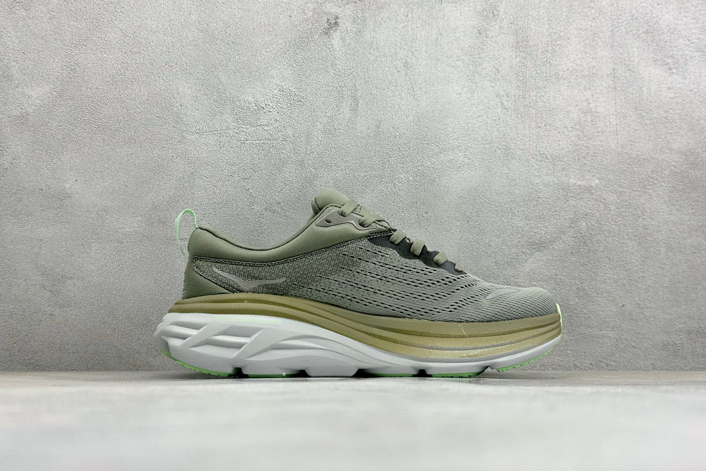HOKA Bondi 8 Olive Green Lime Accent Running Shoes
