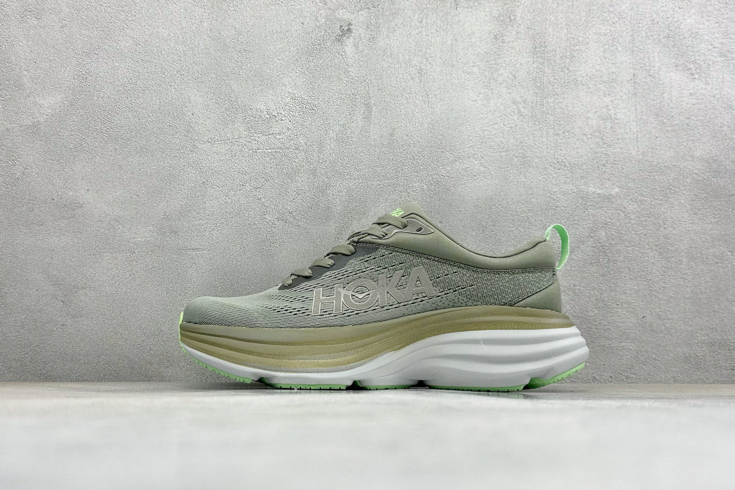 HOKA Bondi 8 Olive Green Lime Accent Running Shoes