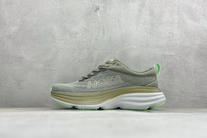HOKA Bondi 8 Olive Green Lime Accent Running Shoes