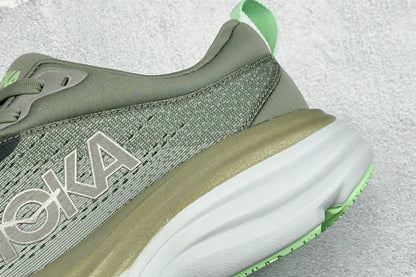 HOKA Bondi 8 Olive Green Lime Accent Running Shoes