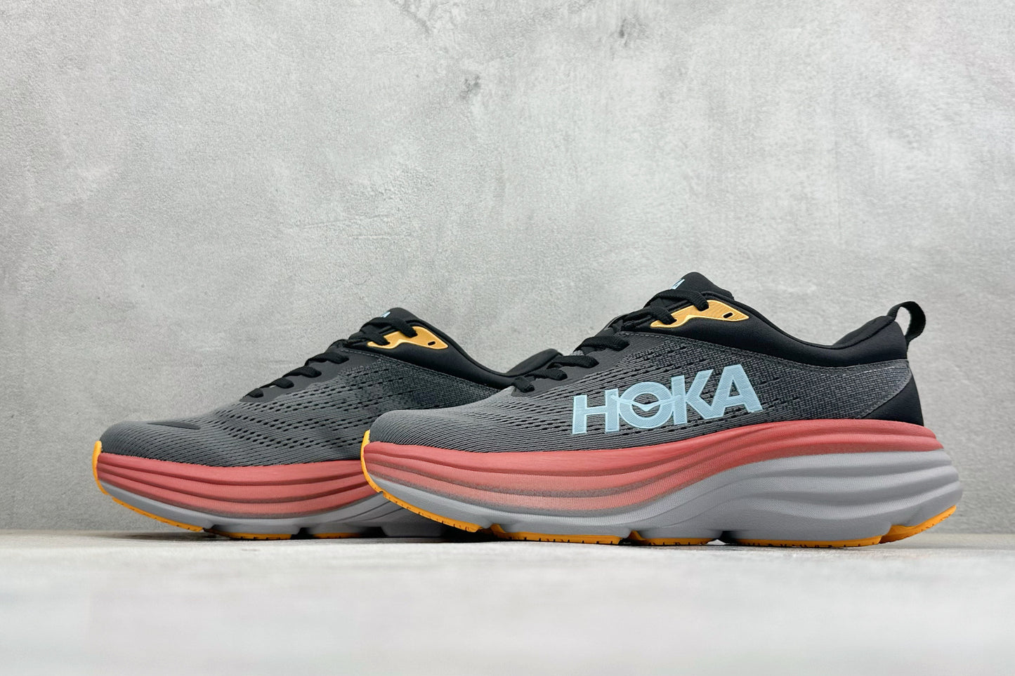 HOKA Bondi 8 Charcoal Red Orange Running Sneaker