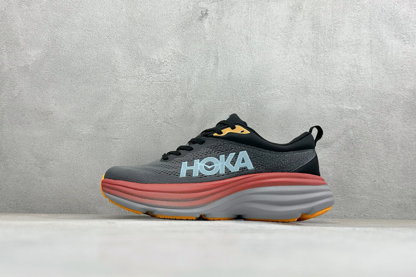 HOKA Bondi 8 Charcoal Red Orange Running Sneaker