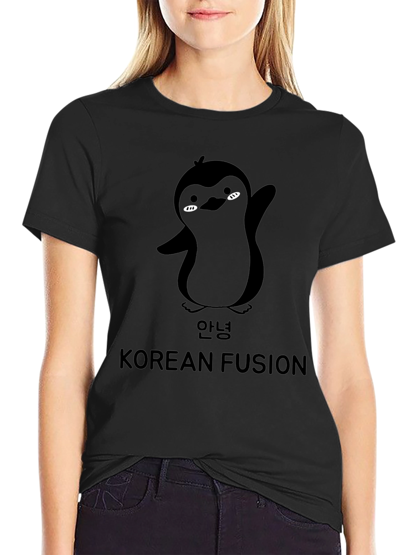 Korean Fusion Penguin Graphic T-Shirt - Black