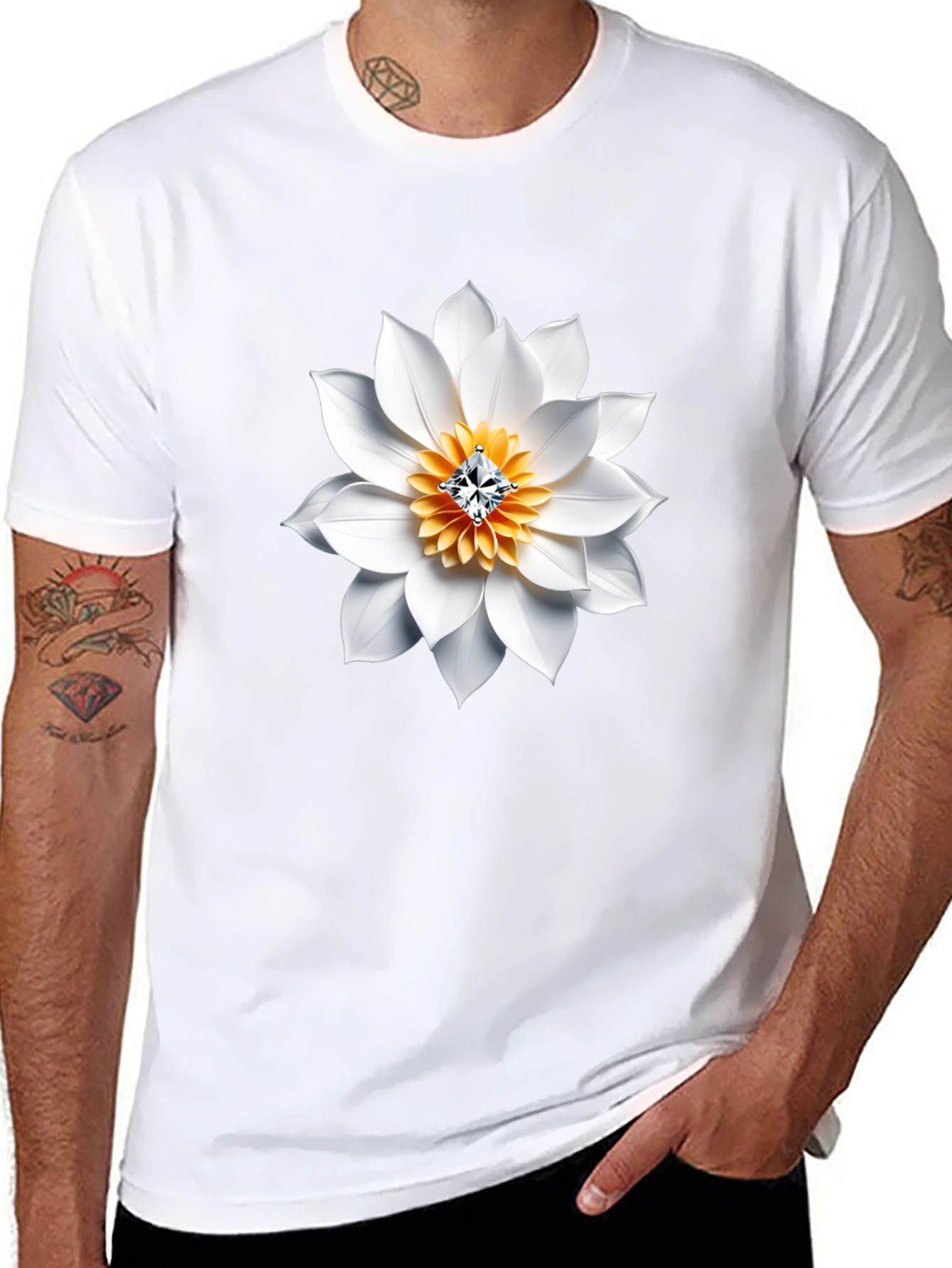 Black T-Shirt with White Floral Diamond Design