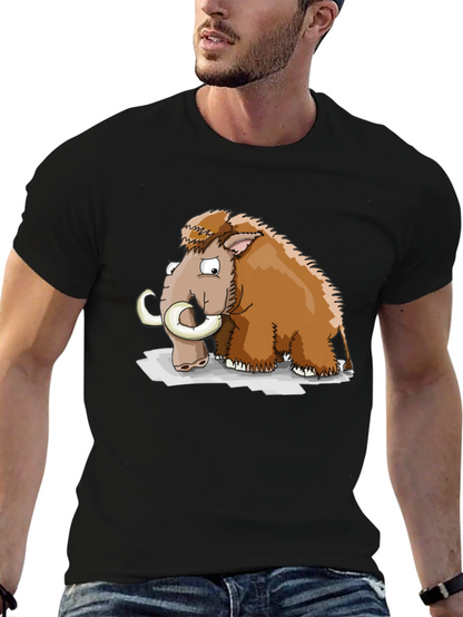Cartoon Mammoth Graphic Tee - Black Cotton T-Shirt