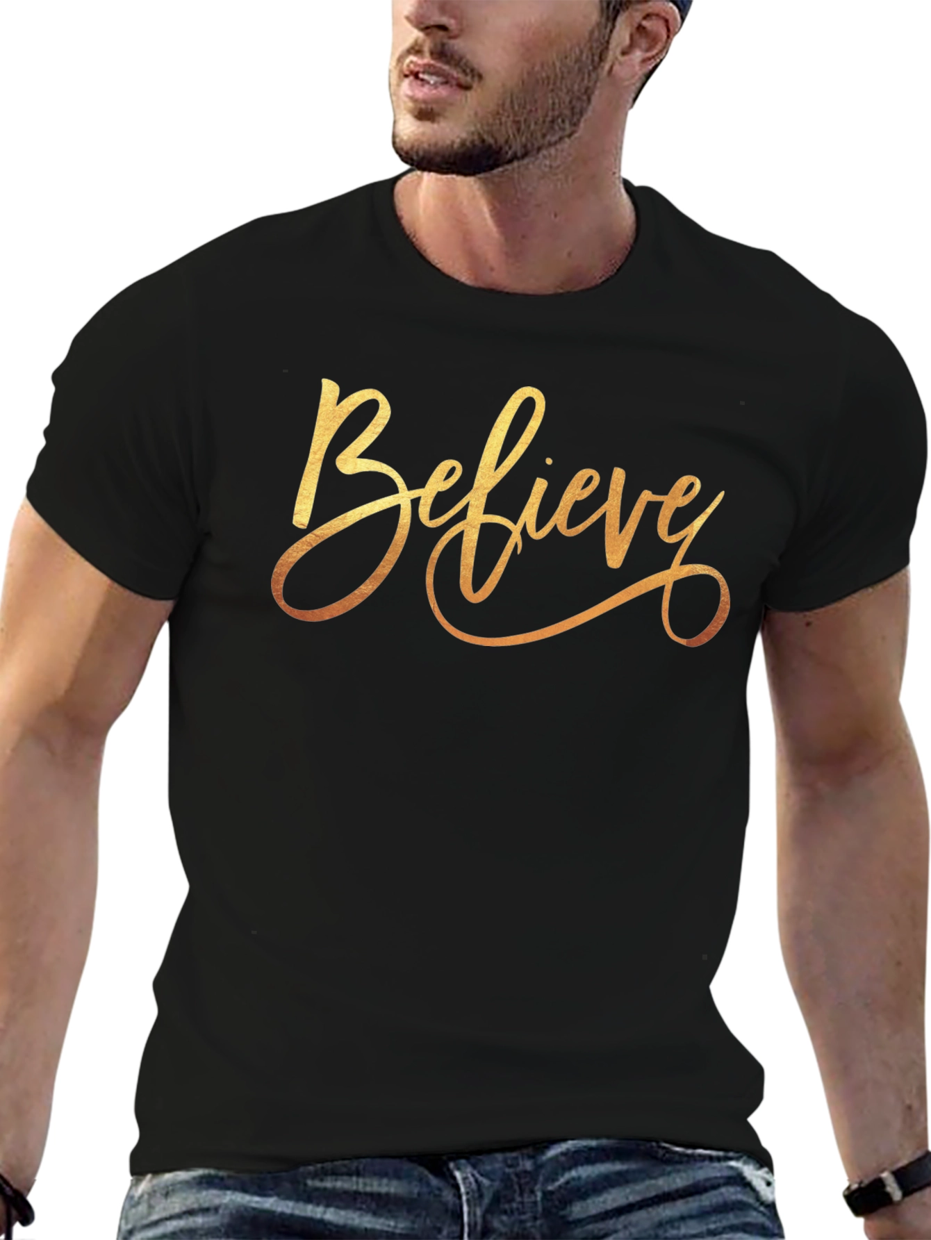 Believe Gold Script Black T-Shirt