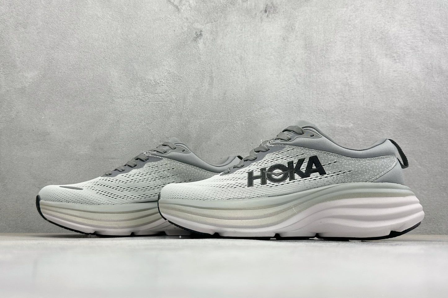 HOKA Bondi 8 White Grey Black Logo Running Sneaker